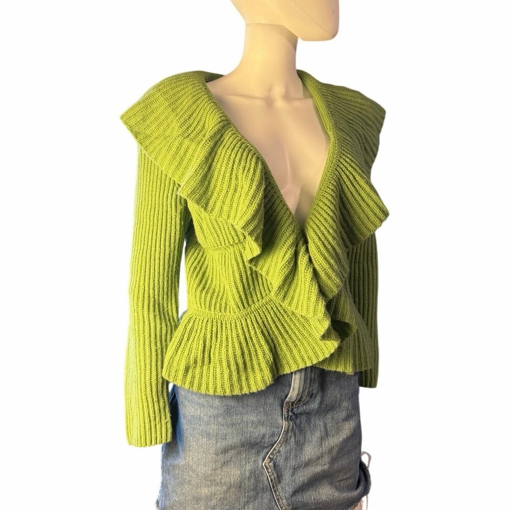 Lafayette 148 Green Merino Cashmere Ruffle Peplum Cardigan Size M